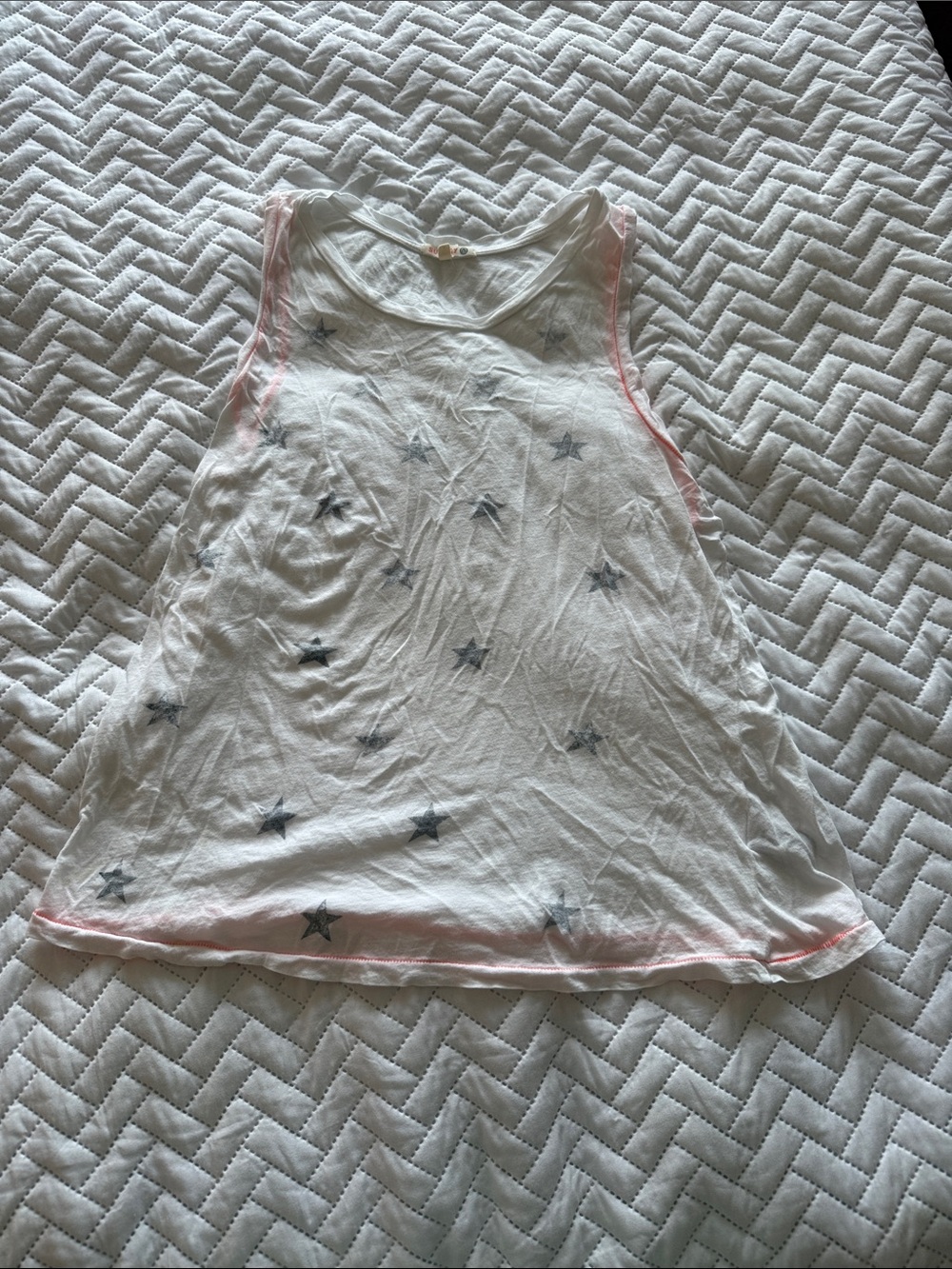 Sundry White tank top with faded black Star Print and orange Trim
